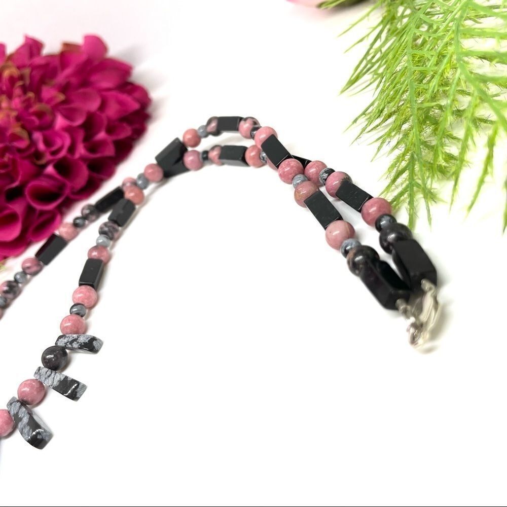 ⚜️RHODONITE SNOWFLAKE OBSIDIAN & ONYX Art Deco Stone Necklace - Picture 8 of 16